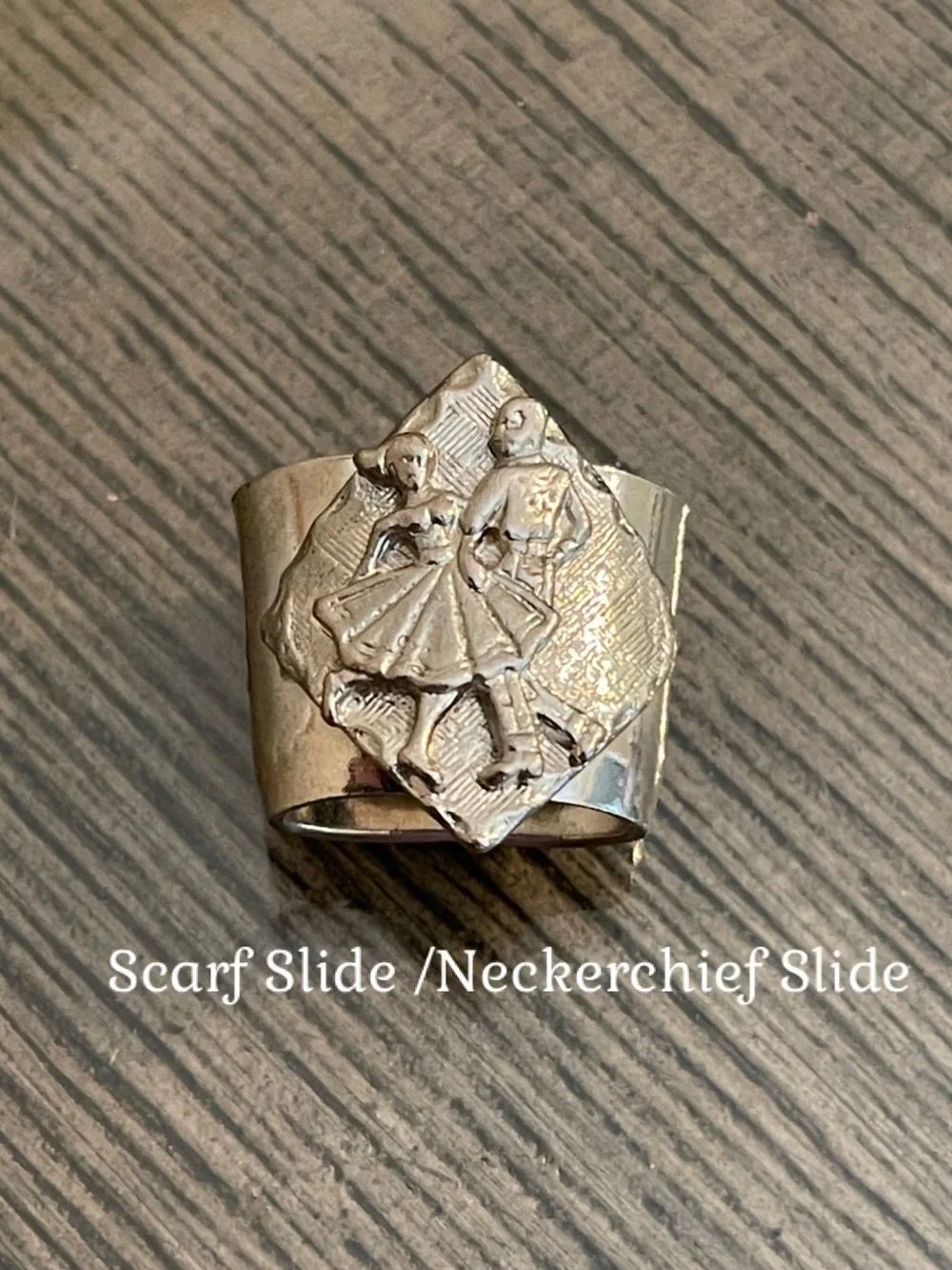 Vintage Mid-Century Square Dancing Scarf Slide Neckerchief Slide - Silvertone